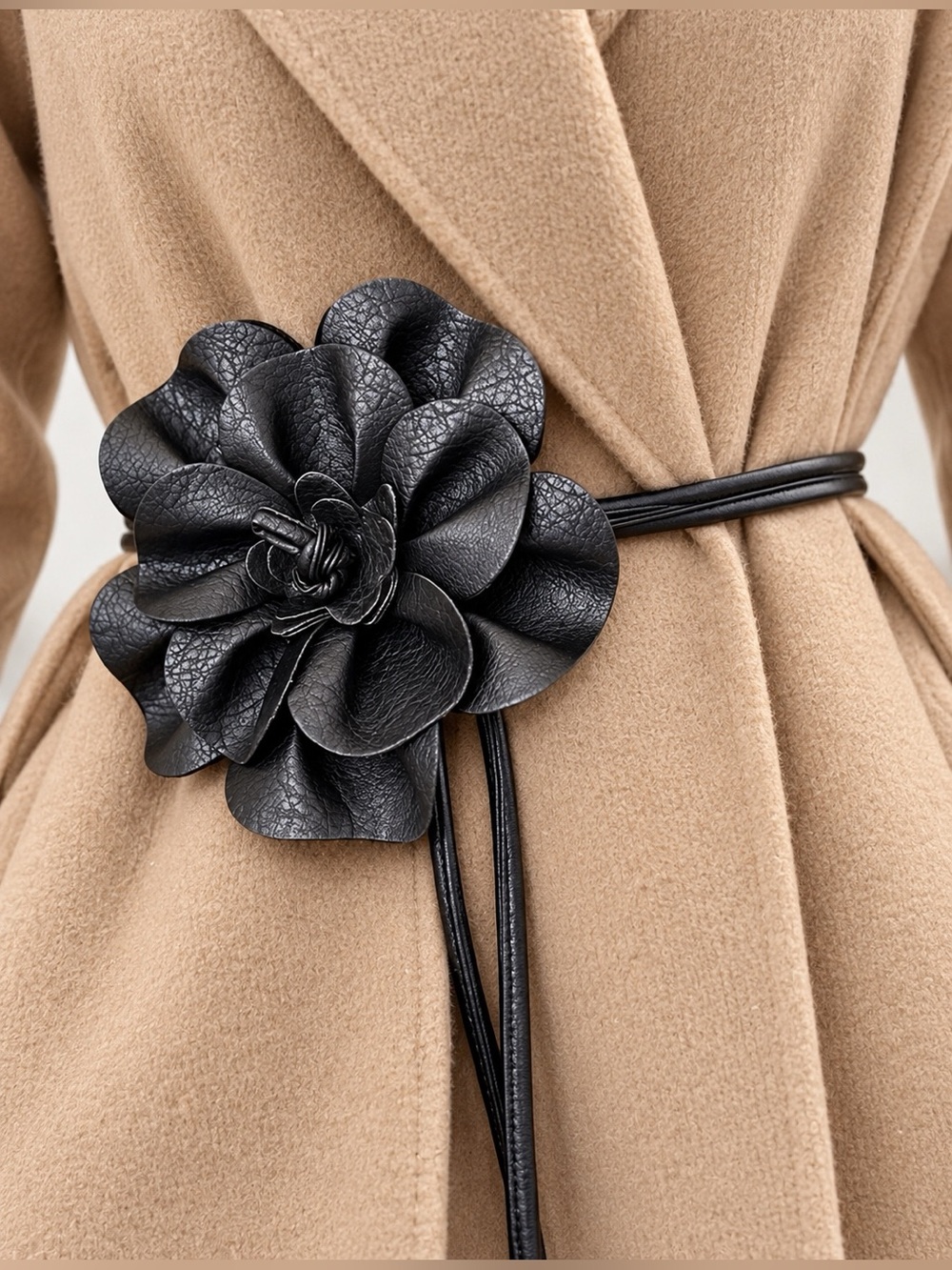 Italian Luxury Boutique Vegan Leather Flower Belt Waist Tie Statement Black NWOT
